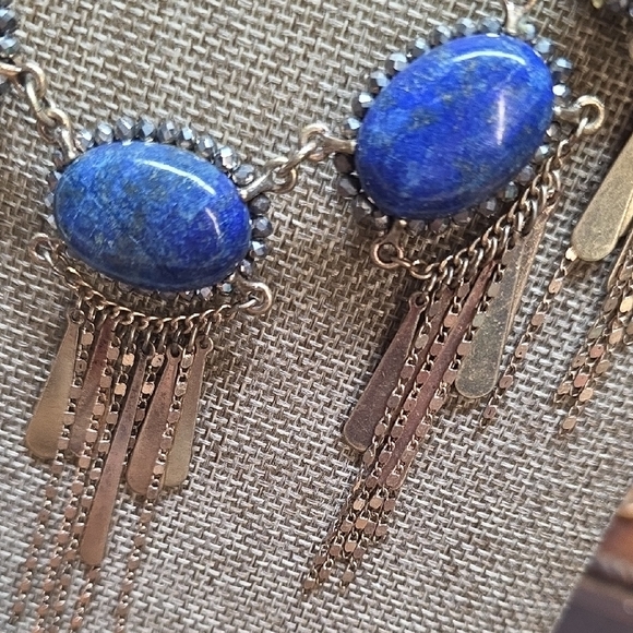 Lapis Lazuli Gold Tone Statement Dangle Necklace With Fringe - Picture 3 of 8